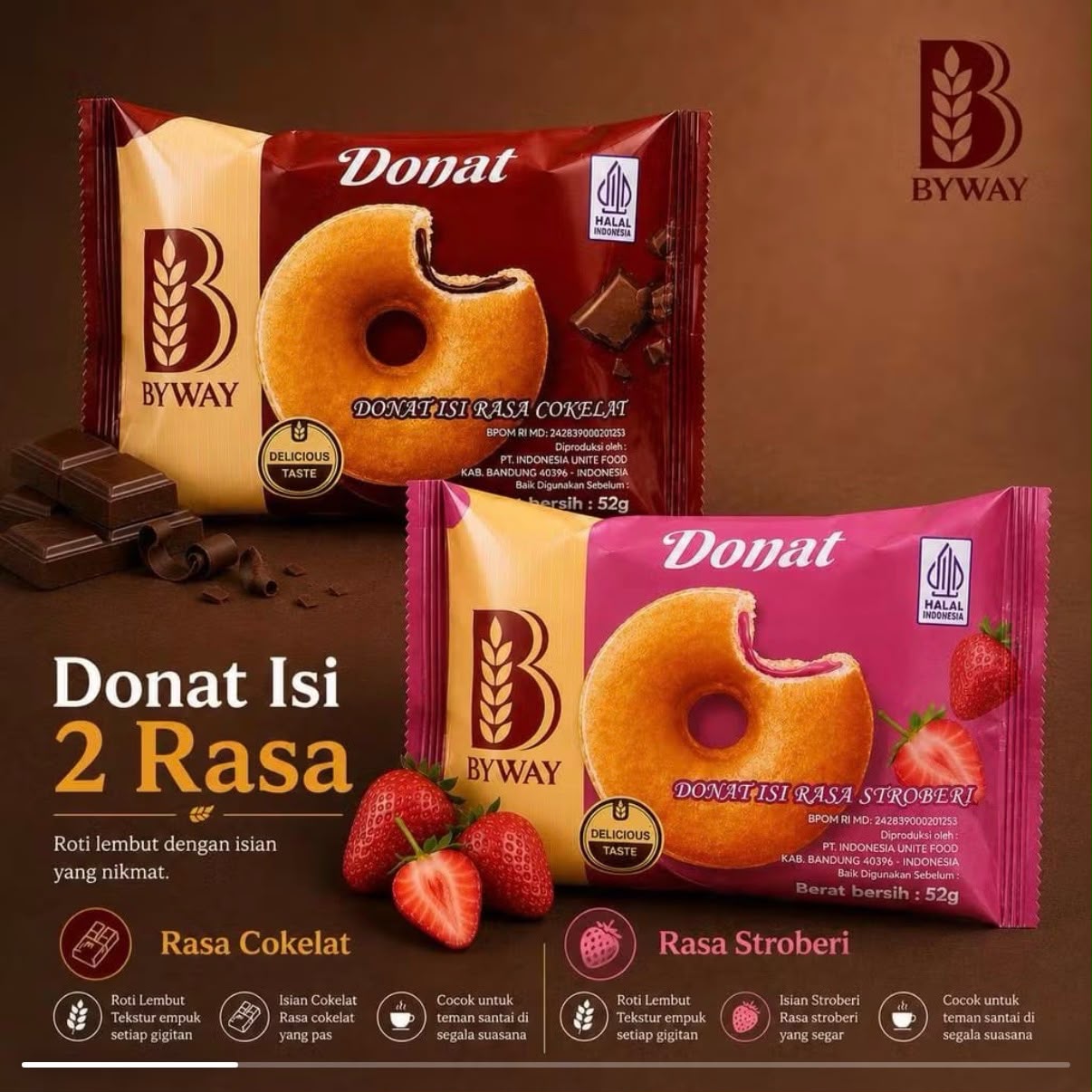 Donat Isi - 2 Rasa Coklat & Strawberry