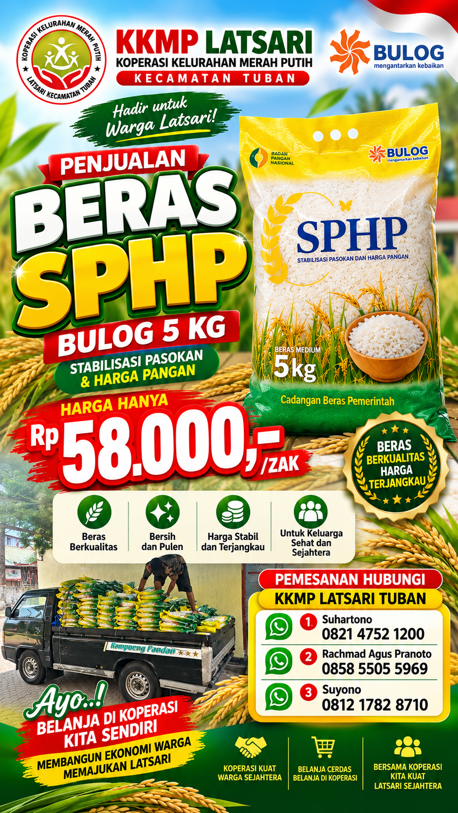 KKMP Latsari Kecamatan Tuban menyediakan Beras SPHP BULOG 5 Kg dengan harga hanya Rp58.000,-/sak