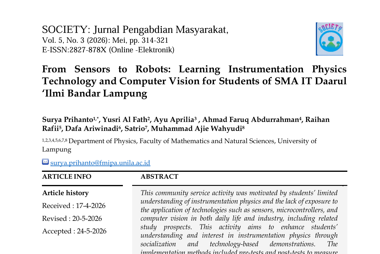 Publikasi Pengabdian Sinta 5 - From Sensors to Robots: Learning Instrumentation Physics  Technology and Computer Vision for Students of SMA IT Daarul  ‘Ilmi Bandar Lampung