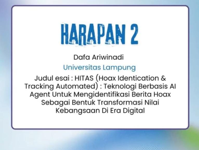 Dokumentasi Harapan 2 Lomba Esai HITAS (Hoax Identication & Tracking Automated) Teknologi Berbasis Al Agent Untuk Mengidentifikasi Berita Hoax Sebagai Bentuk Transformasi Nilai Kebangsaan Di Era Digital