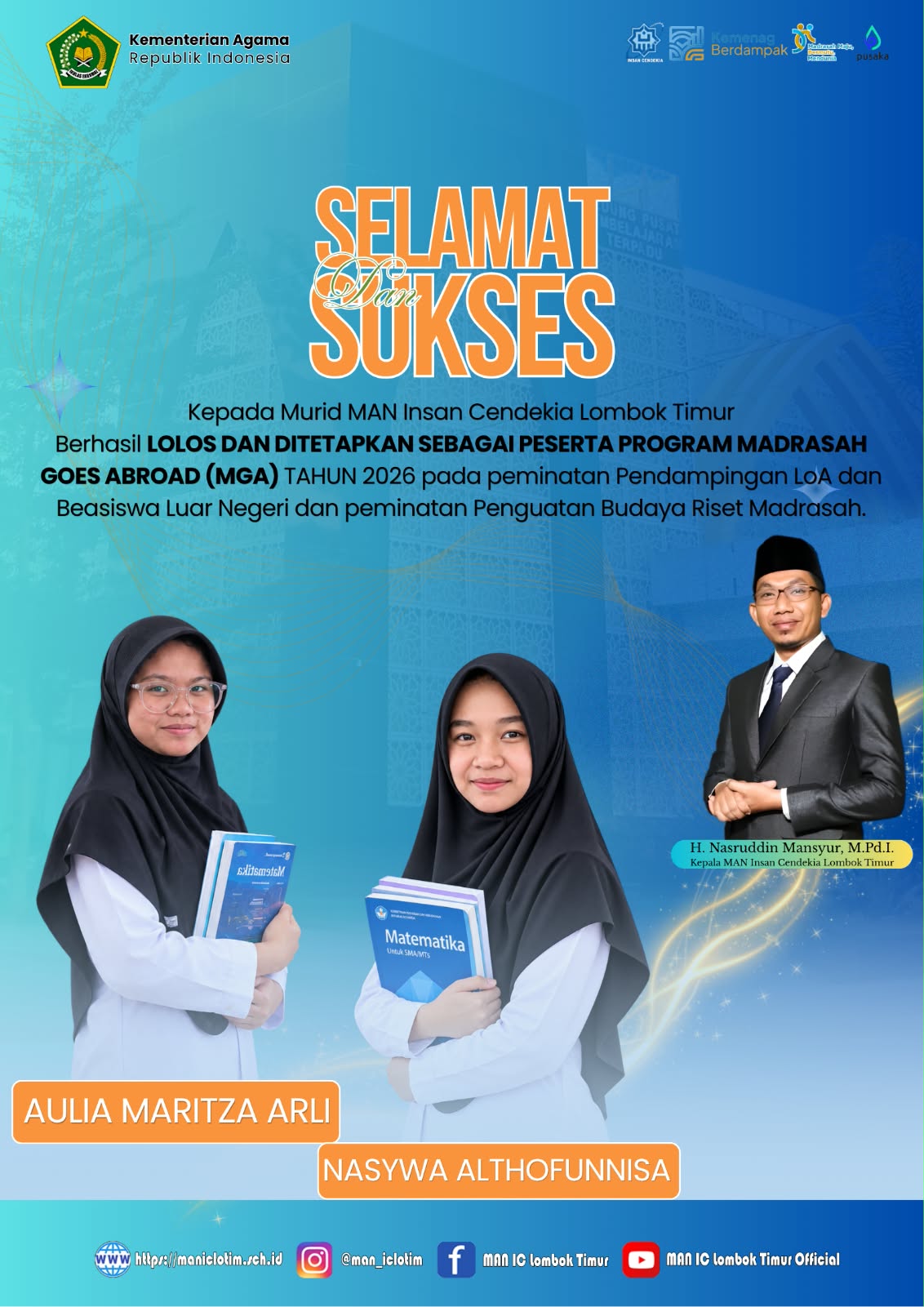 Dua Siswi MAN IC Lombok Timur Tembus Program Madrasah Goes Abroad 2026 Kemenag RI